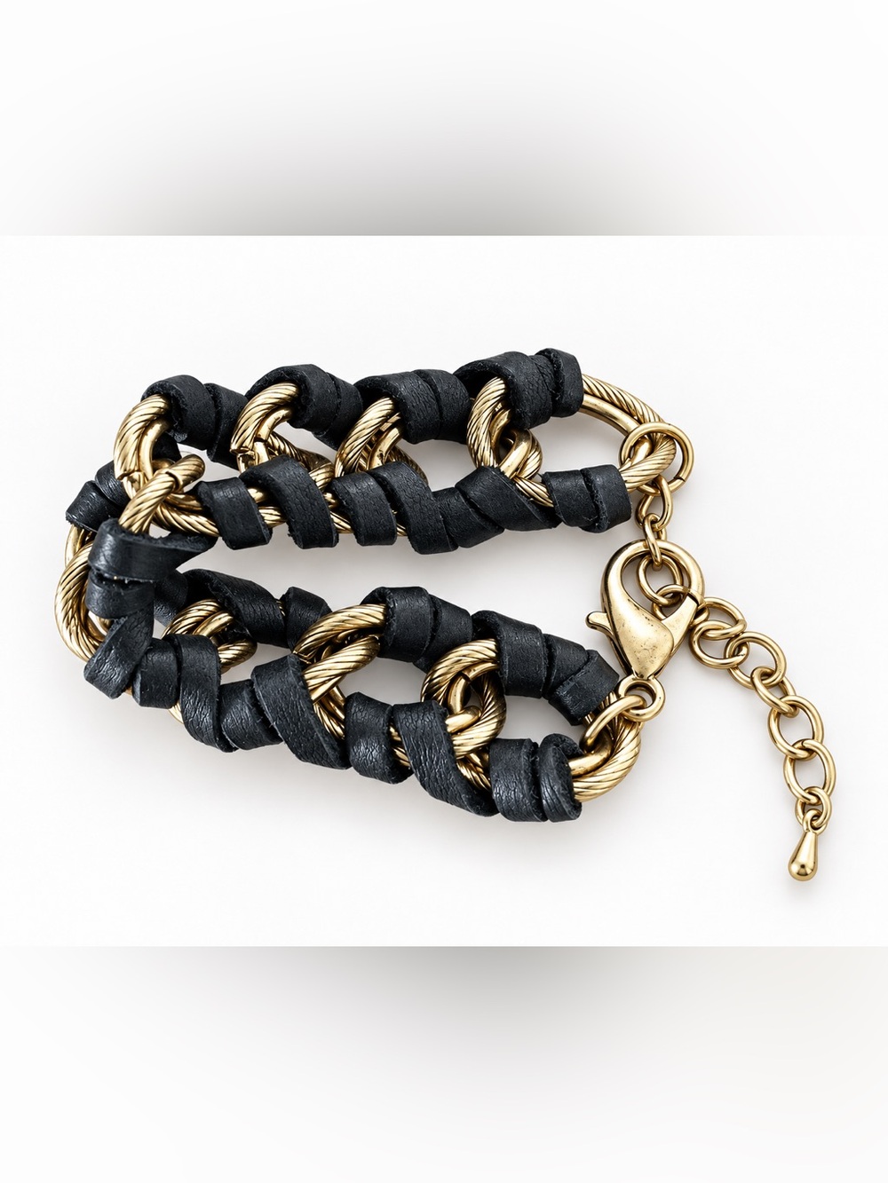 Black Leather & Gold-Tone Chain Link Bracelet